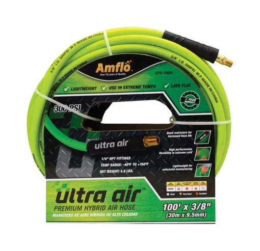 Amflo Ultra Air 100 ft. L X 3/8 in. D Rubber/PVC Hybrid Air Hose 300 psi Yellow