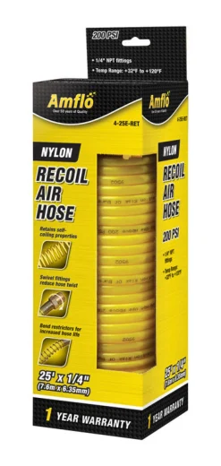 Amflo Yellow Nylon 200 PSI Recoil Air Hose 25 L ft. x 1/4 Dia. in.