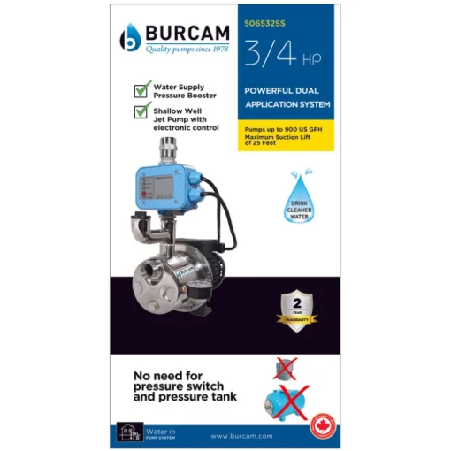Burcam 3/4 HP 900 GPH 115 V 7.5 A Stainless Steel Shallow Well Jet Pump