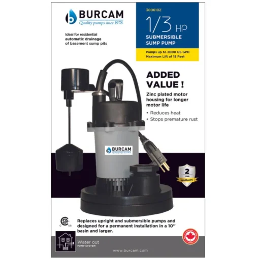 Burcam 1/3 HP 3000 gph Thermoplastic Vertical Float Switch AC Submersible Sump Pump