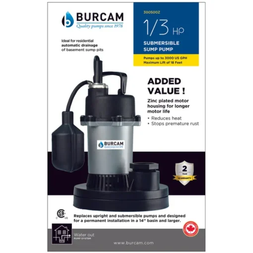 Burcam 1/3 HP 3000 gph Thermoplastic Tethered Float AC Submersible Sump Pump