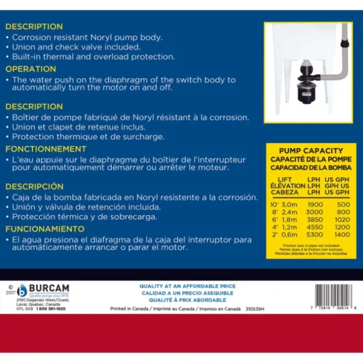 Burcam Automatic Laundry Tub Pump, 1/3 HP