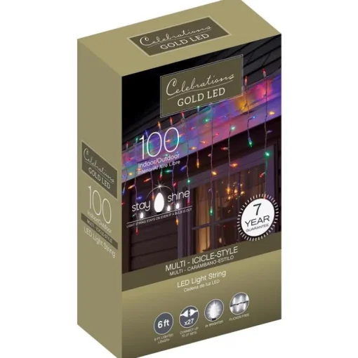 Celebrations Gold LED Mini Multicolored 100 ct Icicle Christmas Lights 6 ft.