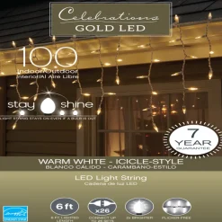 Celebrations Gold LED Mini Warm White 100 ct Icicle Christmas Lights 6 ft.