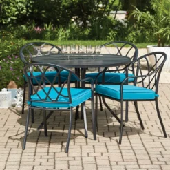 Clearwater 5-Pc. Patio Dining Set, 4 Stacking Chairs, Slat Top Table, Black Steel, Teal Fabric