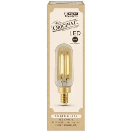 Feit Electric Amber Clear Vintage T8 E12 Candelabra Base LED Bulb 40W 120V 300 lm. 2100K