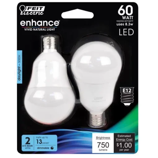 Feit Enhance A15 E12 (Candelabra) Filament LED Bulb Daylight 60 Watt Equivalence 2 pk