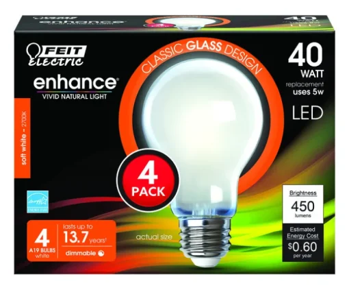 Feit Enhance A19 E26 (Medium) Filament LED Bulb Soft White 40 Watt Equivalence 4 pk
