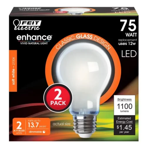 Feit Enhance A19 E26 (Medium) Filament LED Bulb Soft White 75 Watt Equivalence 2 pk