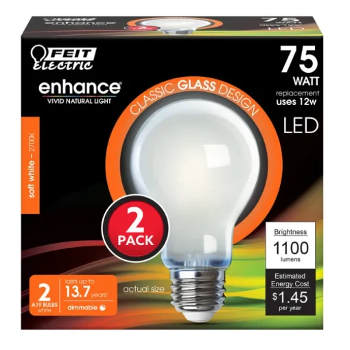 Feit Enhance A19 E26 (Medium) Filament LED Bulb Soft White 75 Watt Equivalence 2 pk