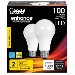 Feit Enhance A19 E26 (Medium) LED Bulb Bright White 100 Watt Equivalence 2 pk