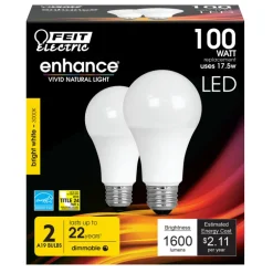 Feit Enhance A19 E26 (Medium) LED Bulb Bright White 100 Watt Equivalence 2 pk