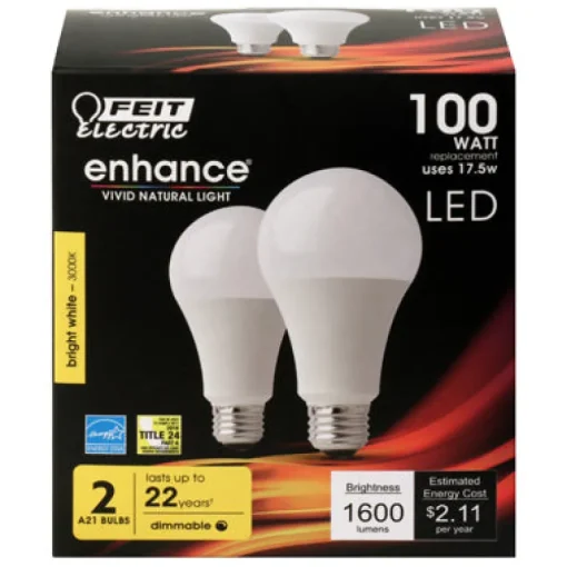 Feit Enhance A19 E26 (Medium) LED Bulb Bright White 100 Watt Equivalence 2 pk