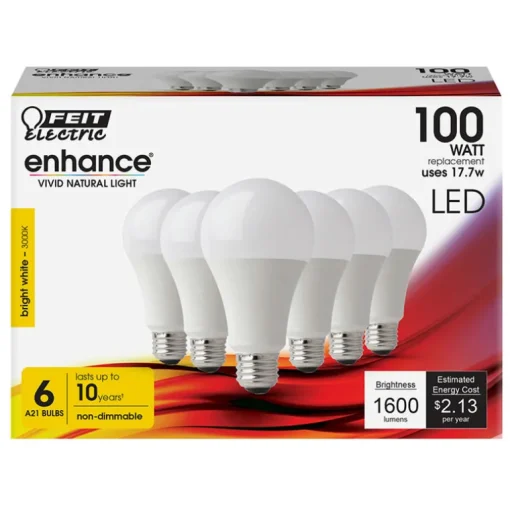 Feit Enhance A19 E26 (Medium) LED Bulb Bright White 100 Watt Equivalence 6 pk