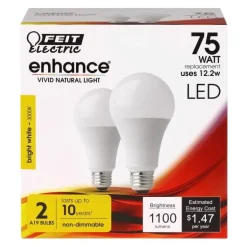 Feit Enhance A19 E26 (Medium) LED Bulb Bright White 75 Watt Equivalence 2 pk