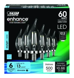 Feit Enhance CA10 (Flame Tip) E12 (Candelabra) Filament LED Bulb Daylight 60 Watt Equivalence 6 pk