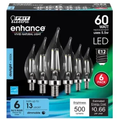 Feit Enhance CA10 (Flame Tip) E12 (Candelabra) Filament LED Bulb Daylight 60 Watt Equivalence 6 pk