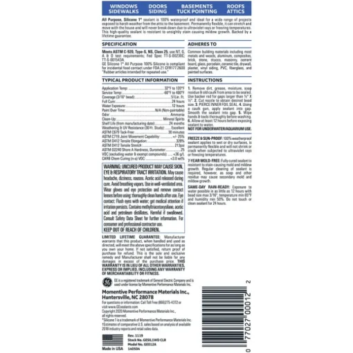 GE Silicone 1 Clear Silicone 1 All Purpose Silicone 10.1 oz. (Pack of 12)