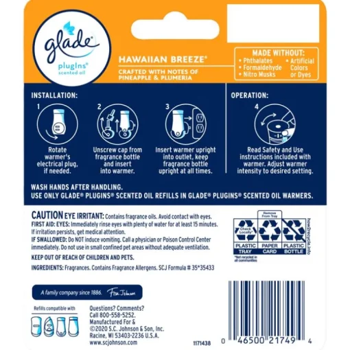 Glade Plug-Ins Hawaiian Breeze Liquid Refill Scent Air Freshener 1.34 oz. (Pack of 6)