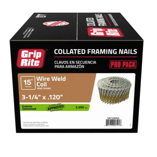 Grip-Rite 3-1/4 in. Wire Coil Framing Nails 15 deg. Ring Shank 2500 pk