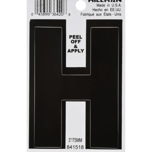 Hillman 3 in. Black Vinyl Self-Adhesive Letter H 1 pc (Pack of 6)