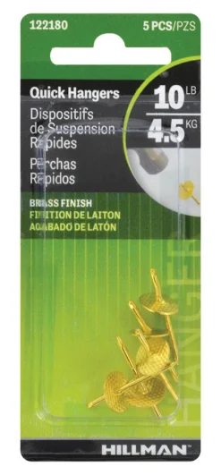 Hillman AnchorWire Brass-Plated Brass Quick Hanger 10 lb. One Piece 5 pk (Pack of 10)
