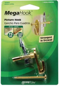 Hillman Brass Extra Heavy Duty Megahook Kit Specialty Picture Hanger 75 lbs. (Pack of 5)