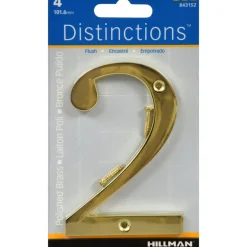 Hillman Distinctions 4 in. Gold Brass Screw-On Number 2 1 pc (Pack of 3)