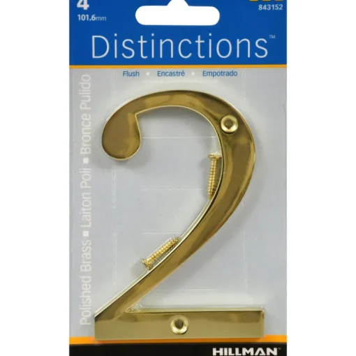 Hillman Distinctions 4 in. Gold Brass Screw-On Number 2 1 pc (Pack of 3)