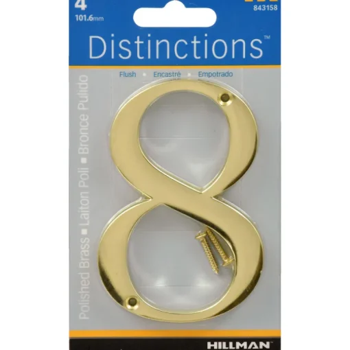 Hillman Distinctions 4 in. Gold Brass Screw-On Number 8 1 pc (Pack of 3)