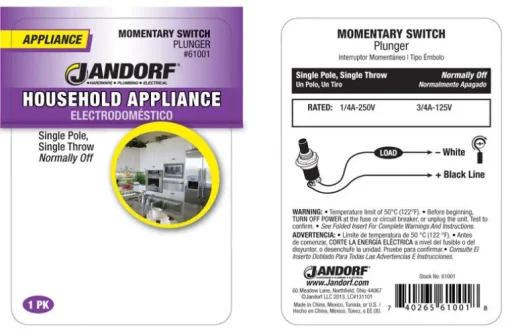 Jandorf 0.25 amps Single Pole Momentary/Normally Off Appliance Switch Black/Silver 1 pk