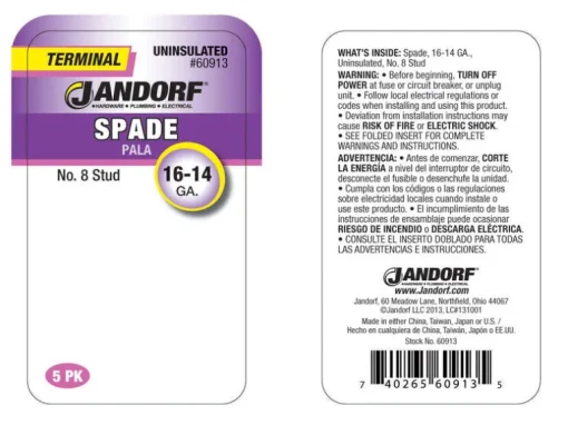 Jandorf 16-14 Ga. Uninsulated Wire Terminal Spade Silver 5 pk