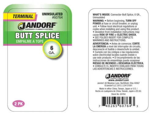 Jandorf 6 Ga. Uninsulated Wire Terminal Butt Splice Silver 2 pk