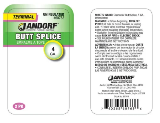 Jandorf 4 Ga. Uninsulated Wire Terminal Butt Splice Silver 2 pk