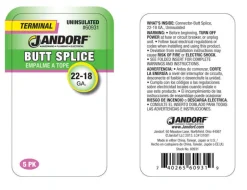 Jandorf 22-18 Ga. Uninsulated Wire Terminal Butt Splice Silver 5 pk