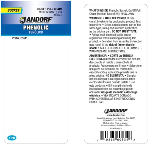 Jandorf Phenolic Medium Base Pull Chain Socket 1 pk