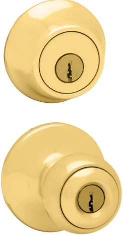 Kwikset Polo Polished Brass Deadbolt and Entry Door Knob 1-3/4 in.