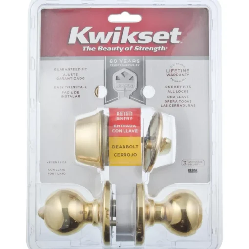 Kwikset Polo Polished Brass Deadbolt and Entry Door Knob 1-3/4 in.