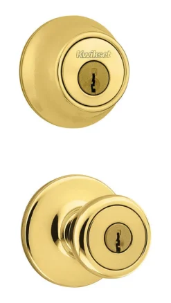 Kwikset Tylo Polished Brass Deadbolt and Passage Door Knob 1-3/4 in.