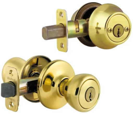 Kwikset Tylo Polished Brass Deadbolt and Passage Door Knob 1-3/4 in.