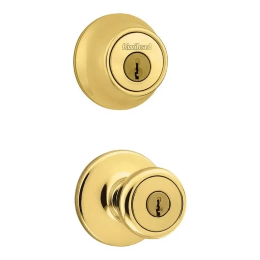 Kwikset Tylo Polished Brass Deadbolt and Passage Door Knob 1-3/4 in.