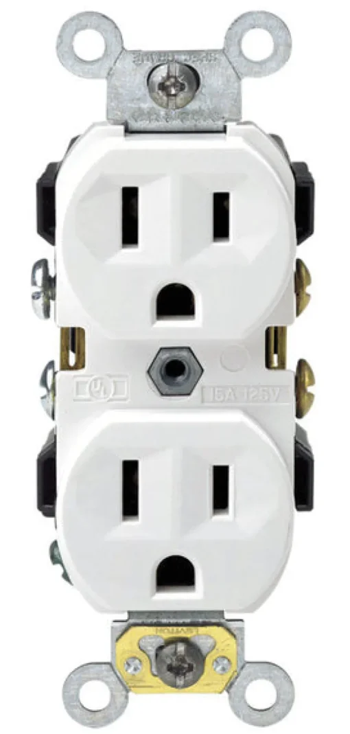 Leviton 15A 125V NEMA 5-15R 14 to 10 ga. White Thermoplastic Outlet 4.06 H x 1.35 W x 1.08 D in.