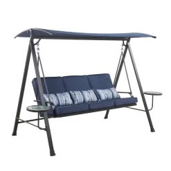 Living Accents 3 Person Black Steel Swing with Tables Blue