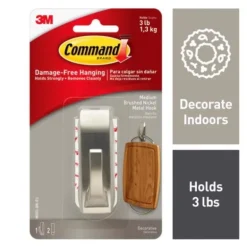 3M Command 3-1/8 In. L Brushed Nickel Metal Medium Modern Reflections Bath Coat/Hat Hook 3 Lb. Capacity
