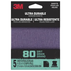 3M Ultra Durable 5.5 L x 4.5 W 80 Grit Aluminum Oxide 1/4 Sheet Sandpaper 5 pk