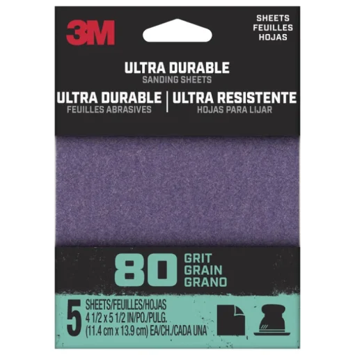3M Ultra Durable 5.5 L x 4.5 W 80 Grit Aluminum Oxide 1/4 Sheet Sandpaper 5 pk