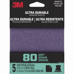 3M Ultra Durable 5.5 L x 4.5 W 80 Grit Aluminum Oxide 1/4 Sheet Sandpaper 5 pk