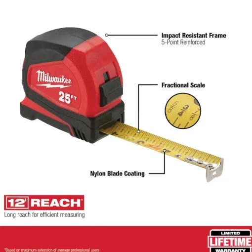 Milwaukee 25 ft. L X 1.65 in. W Compact Tape Measure 1 pk