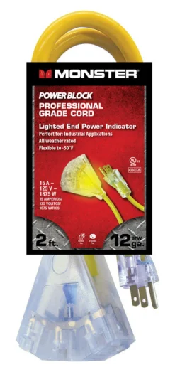 Monster Just Power It Up Outdoor 2 ft. L Yellow Extension Cord 12/3 SJTW