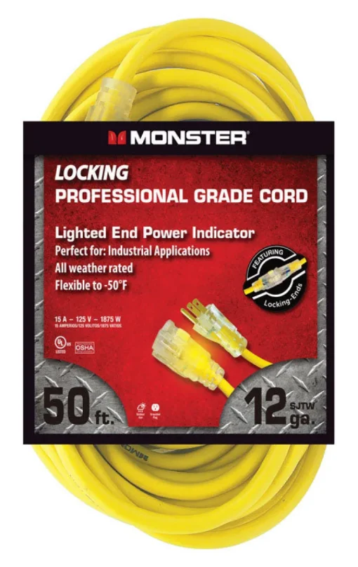 Monster Yellow 15A 125V 1875W 12/3 ga. 1-Outlet Outdoor Extension Cord 50 L ft.